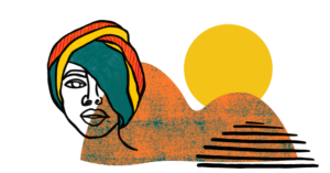 Graphic image of person with headwrap, rolling hills, and the sun rising