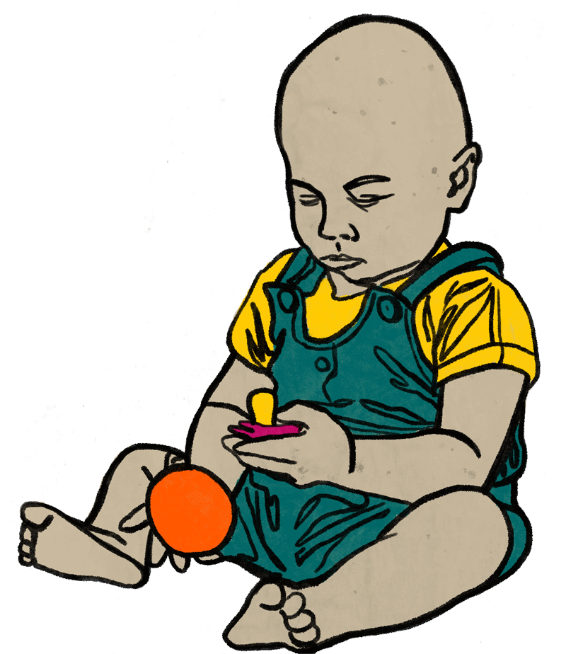 Graphic image of baby in a teal outfit holding a orange ball and a pacifier