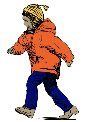Child in orange coat, blue pants, and yellow hat running