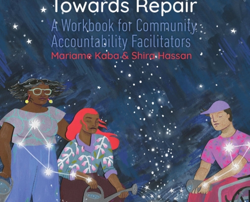 Blue book cover with illustrated starry sky and three people tending to a garden and title Fumbling Towards Repair A Workbook for Community Accountability Facilitators