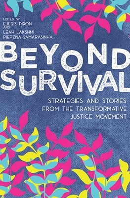 Blue book cover with pink, teal, and yellow graphic leaves and title Beyond Survival